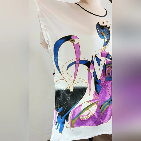 Art Nouveau satin cranes tunic dress. Medium. Ya Ye Er Si. - Picture 7 of 16